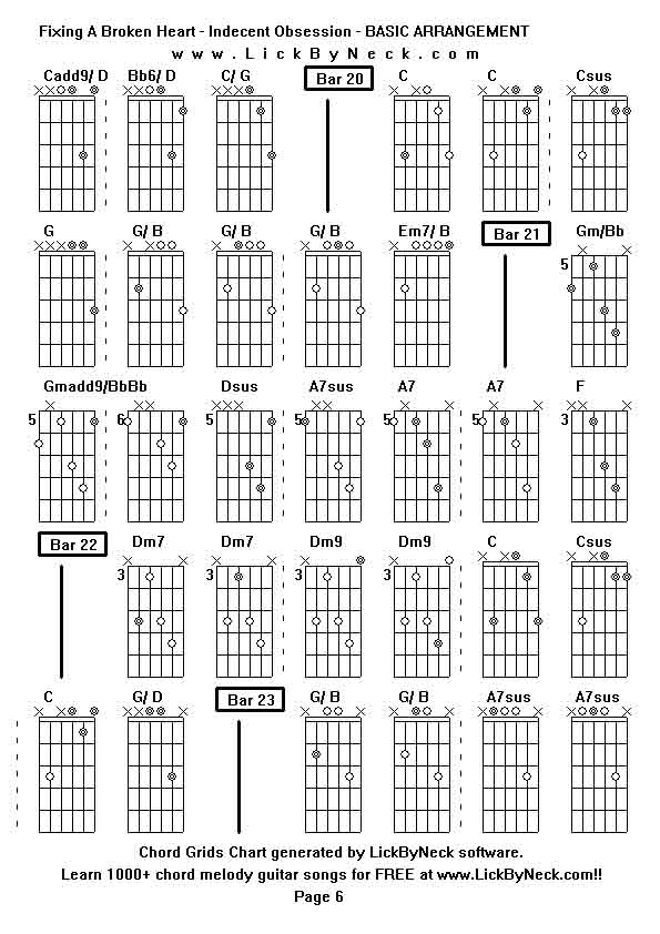 Chord Grids Chart of chord melody fingerstyle guitar song-Fixing A Broken Heart - Indecent Obsession - BASIC ARRANGEMENT,generated by LickByNeck software.